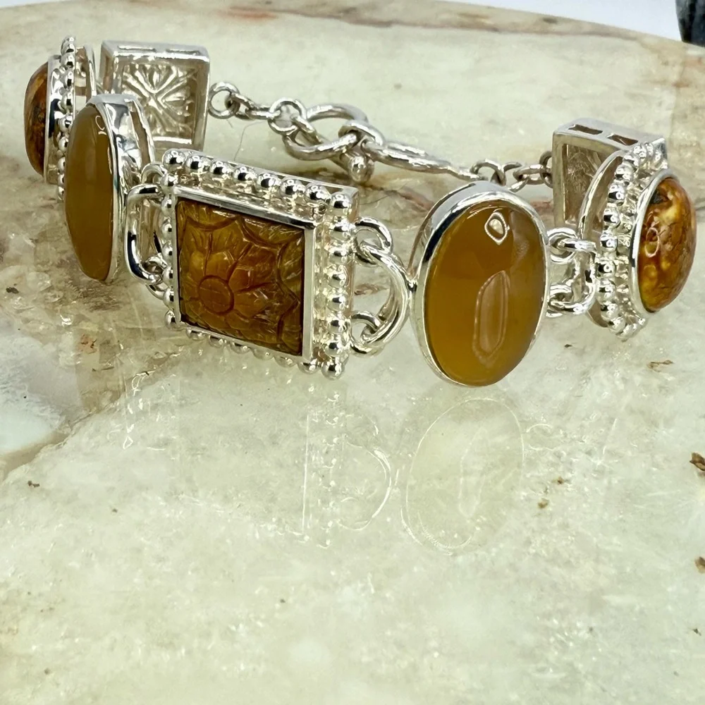 Whitney Kelly Sterling Silver Tiger’s Eye Jasper MOP Link Toggle Bracelet 7” - Picture 14 of 17